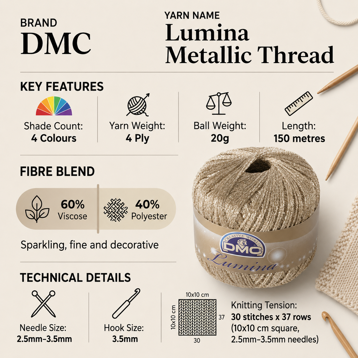 DMC Lumina Metallic Thread 4 Ply Yarn - 20g, Shiny Polyester Viscose Blend Sparkle Super Fine Knitting Yarn for Elegant Scarves, Cardigans & Jewellery
