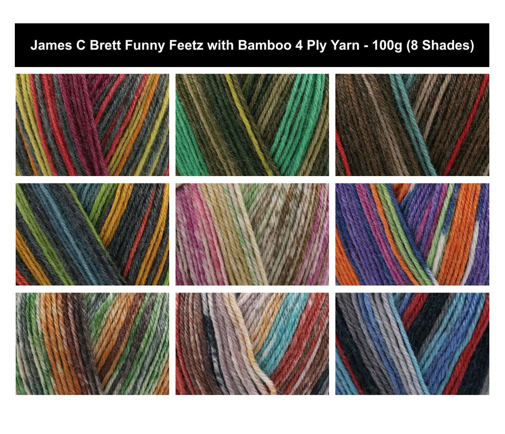 James C Brett Funny Feetz Bamboo Yarn - 100g, Self-Patterning Wool, Bamboo & Polyamide Blend - Soft, Durable Knitting & Crochet Yarn for Socks & Accessories