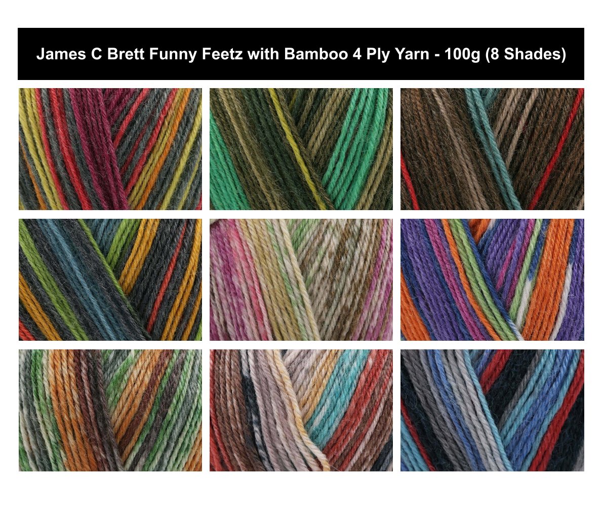 James C Brett Funny Feetz Bamboo Yarn - 100g, Self-Patterning Wool, Bamboo & Polyamide Blend - Soft, Durable Knitting & Crochet Yarn for Socks & Accessories