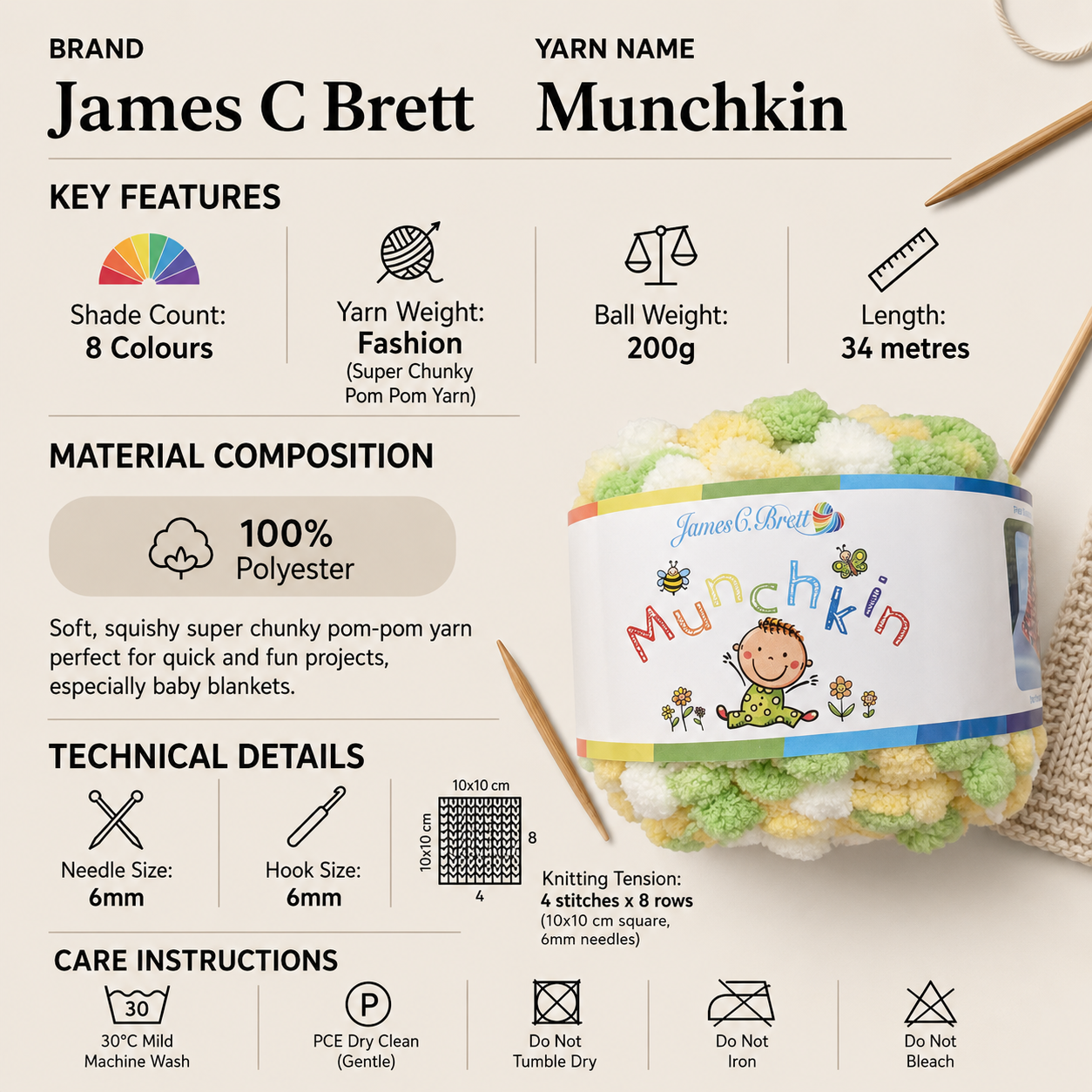 James C Brett Munchkin Pom Pom Yarn - 200g, 100% Polyester Fashion Super Chunly Novelty Wool for Knitting & Crochet Baby Blankets