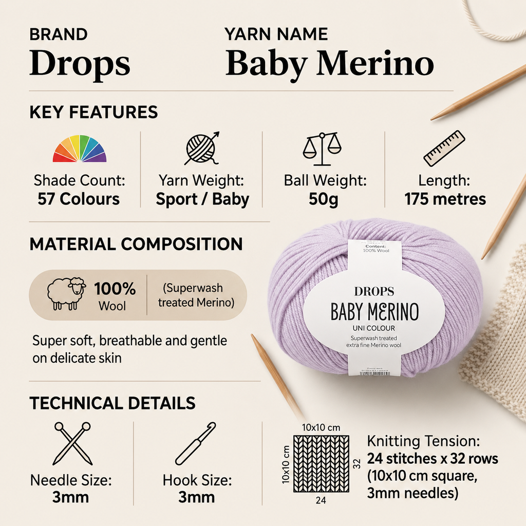 Drops Baby Merino Sport Crochet Yarn - 50g, Luxury Merino Wool Lightweight Soft Non-Itchy Knitting Wool for Baby Clothes, Blankets, Sweaters & Accessories