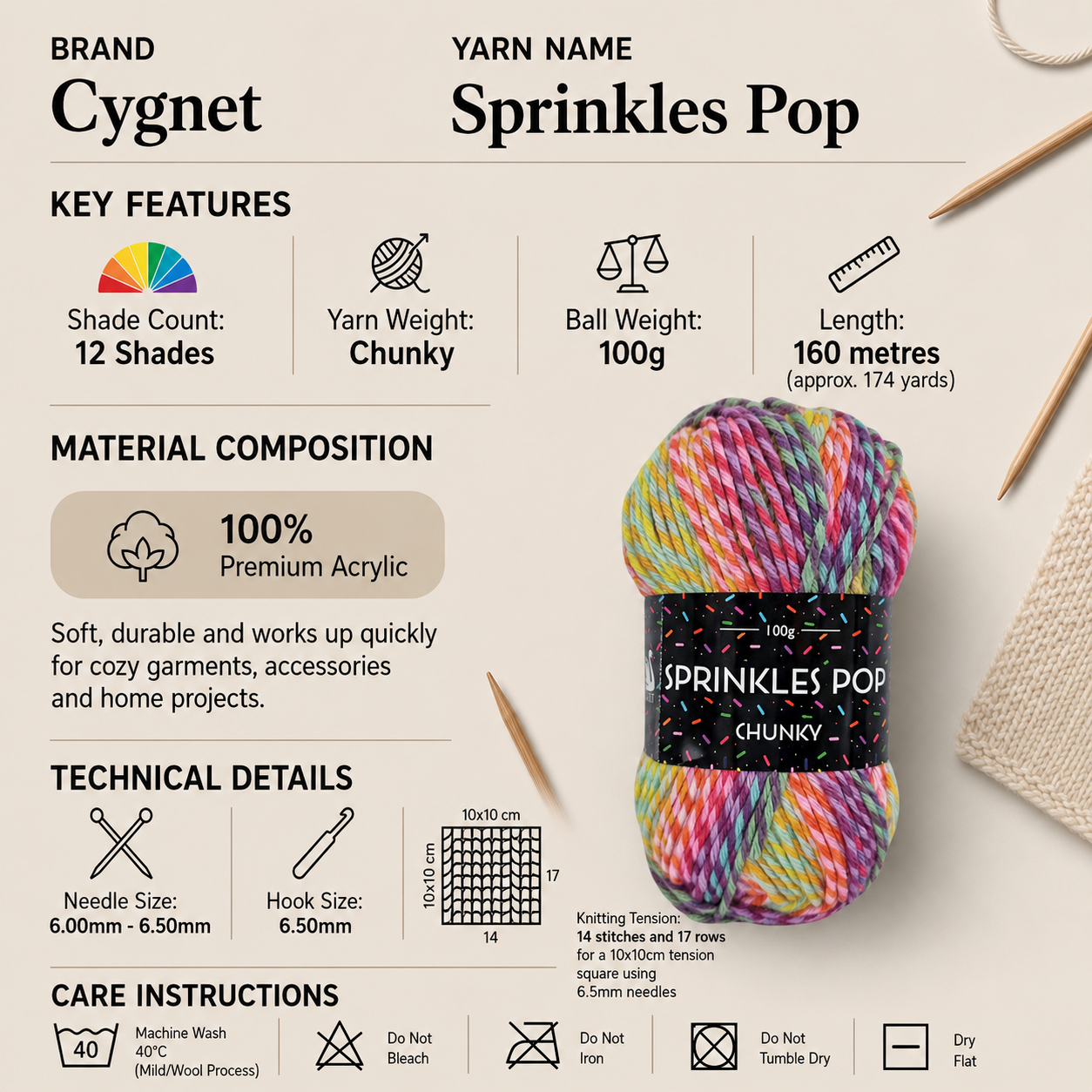 Cygnet Sprinkles Pop Chunky Yarn- 100g, Soft 100% Acrylic Self-Striping Tweedy Crochet & Knitting Yarn for Cozy Garments, Accessories & Home Décor