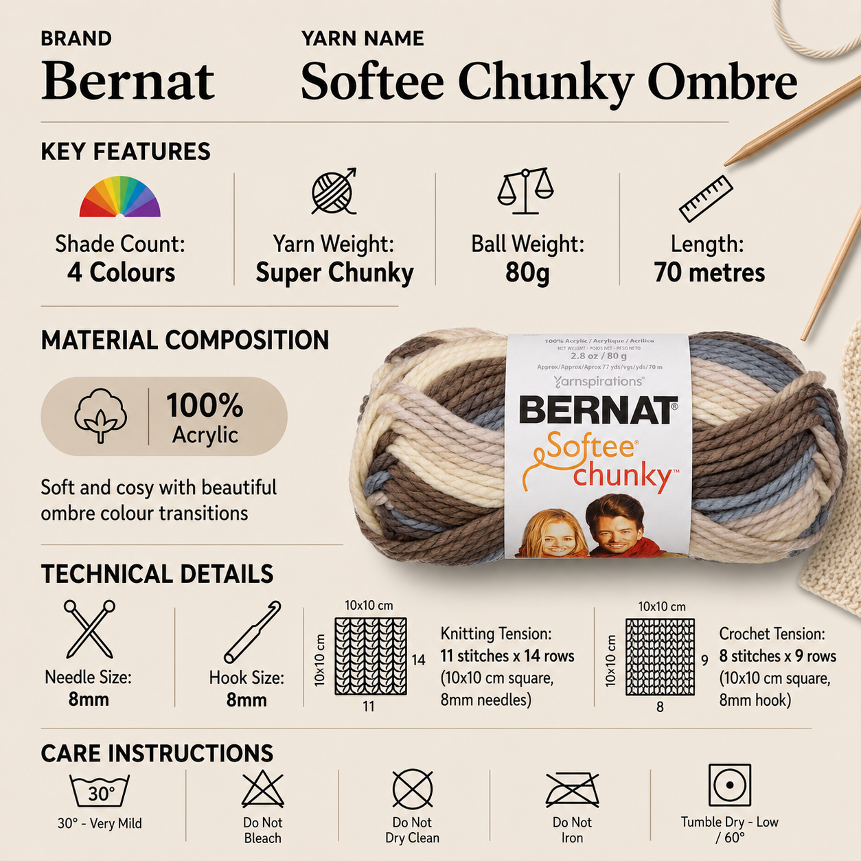 Bernat Softee Chunky Ombre Super Chunky Yarn - 80G, 100% Acrylic Multi Colour Soft Thick Ombre Knitting Wool for Crochet Blankets, Scarves, Sweaters & Accessories