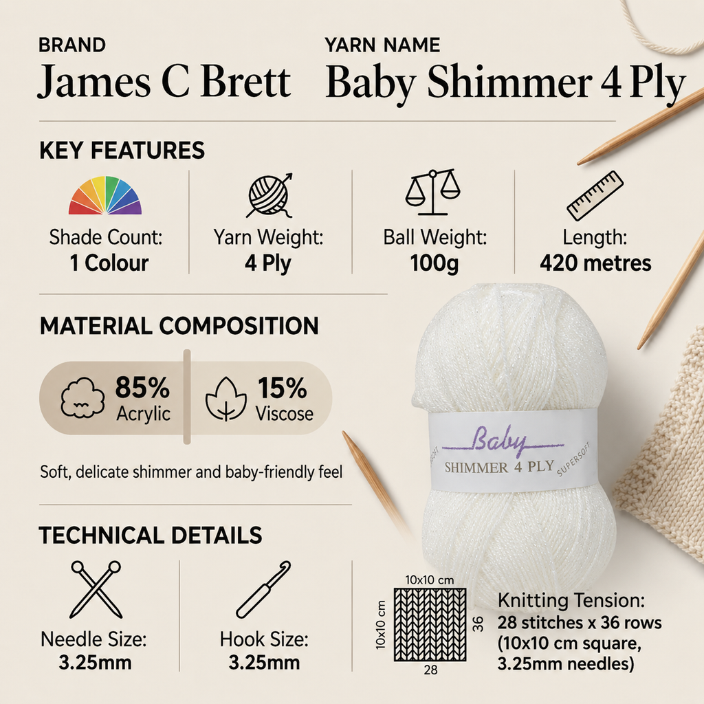 James C Brett Baby Shimmer 4 Ply Yarn - 100g, Sparkly Acrylic & Viscose Blend Soft Baby Crochet Knitting Yarn for Special Occasion Baby Garments