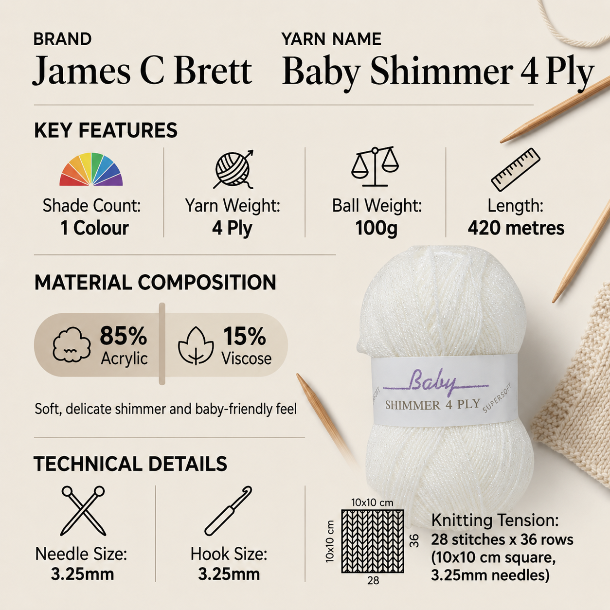 James C Brett Baby Shimmer 4 Ply Yarn - 100g, Sparkly Acrylic & Viscose Blend Soft Baby Crochet Knitting Yarn for Special Occasion Baby Garments
