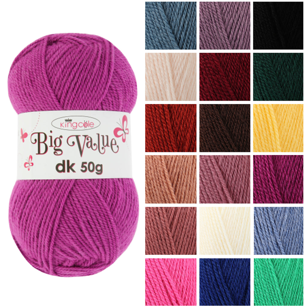 King Cole Big Value DK Yarn 100% Acrylic, Soft Lightweight Knitting & Crochet Yarn, 145m Double Knit - 50g