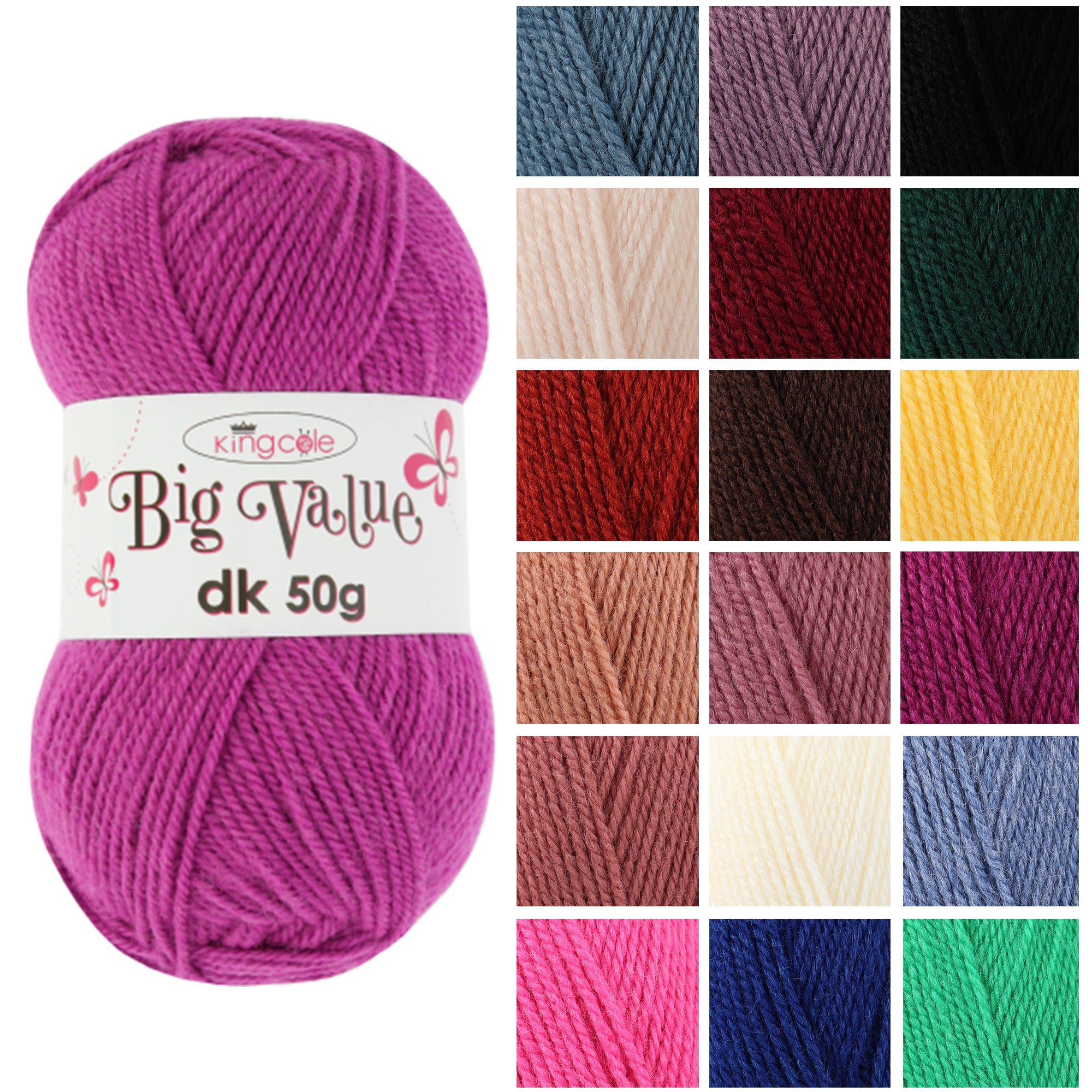 King Cole Big Value DK Yarn 100% Acrylic, Soft Lightweight Knitting & Crochet Yarn, 145m Double Knit - 50g
