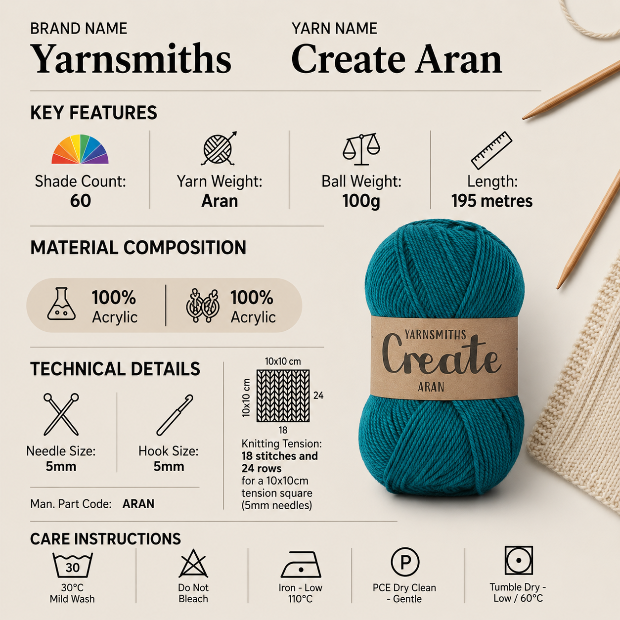 Yarnsmiths Create Aran Yarn - 100g, 100% Acrylic Anti-Pilling Soft Lightweight Crochet Knitting Wool for Jumpers & Blankets