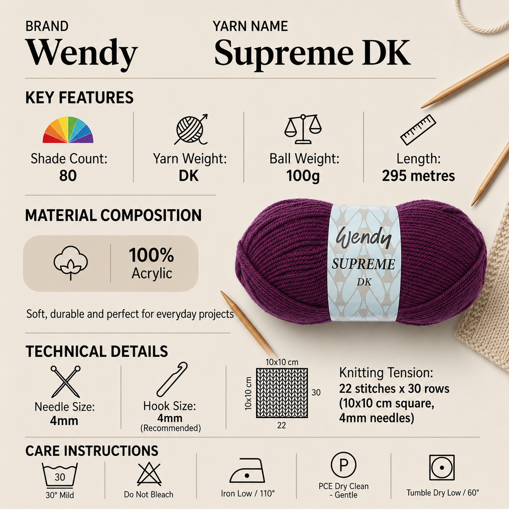 Wendy Supreme DK Yarn for Crochet - 100g, Luxury 100% Acrylic Vibrant & Jewel Tones Soft Double Knitting Wool for Cozy Garments & Home Decor