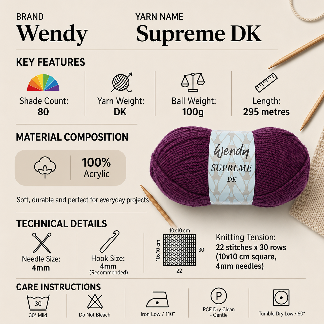 Wendy Supreme DK Yarn for Crochet - 100g, Luxury 100% Acrylic Vibrant & Jewel Tones Soft Double Knitting Wool for Cozy Garments & Home Decor