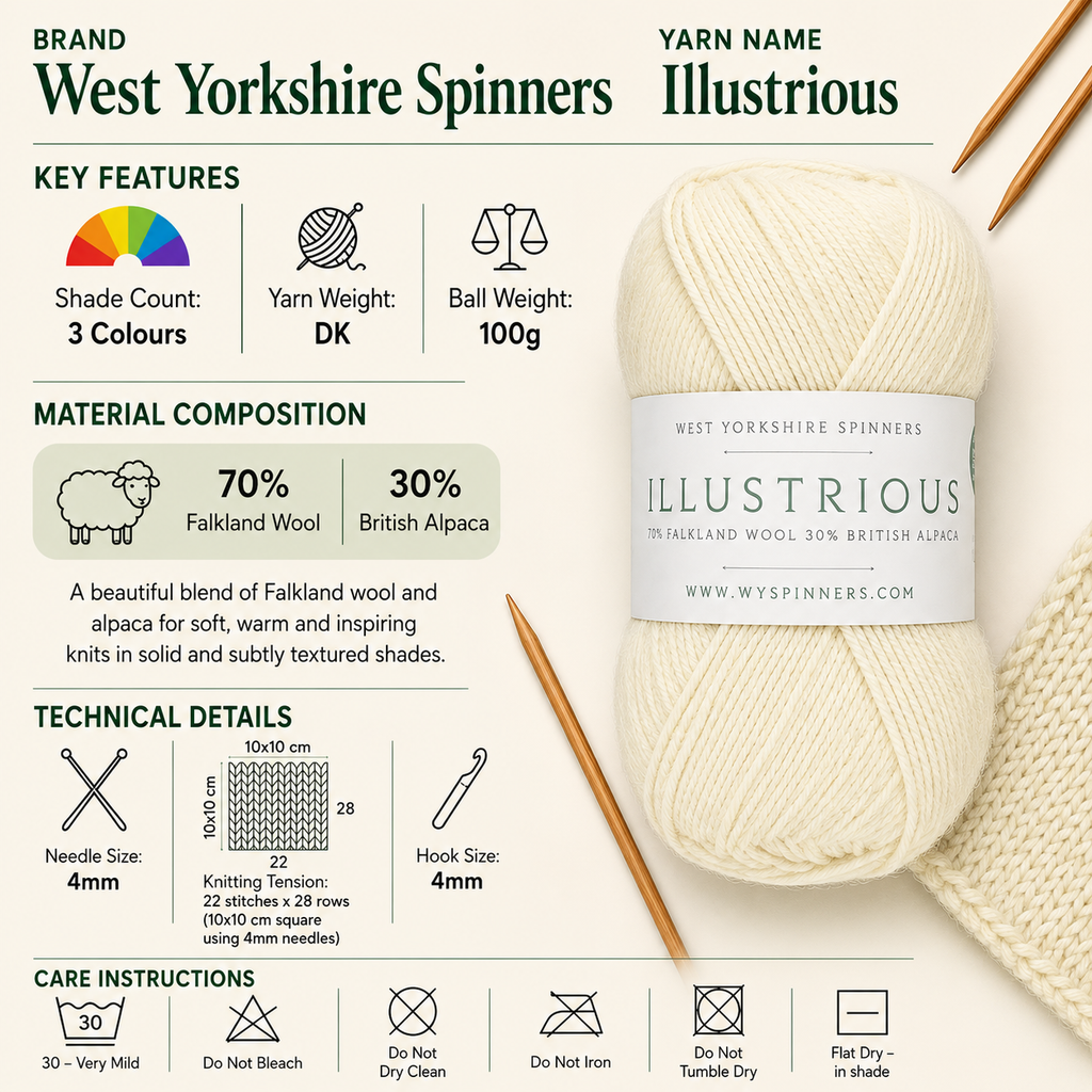 West Yorkshire Spinners Illustrious DK Yarn - 100g, Luxury Wool & Alpaca Blend Soft Warm Solid Color Double Knitting Crochet Yarn for Jumpers, Cardigans & Socks