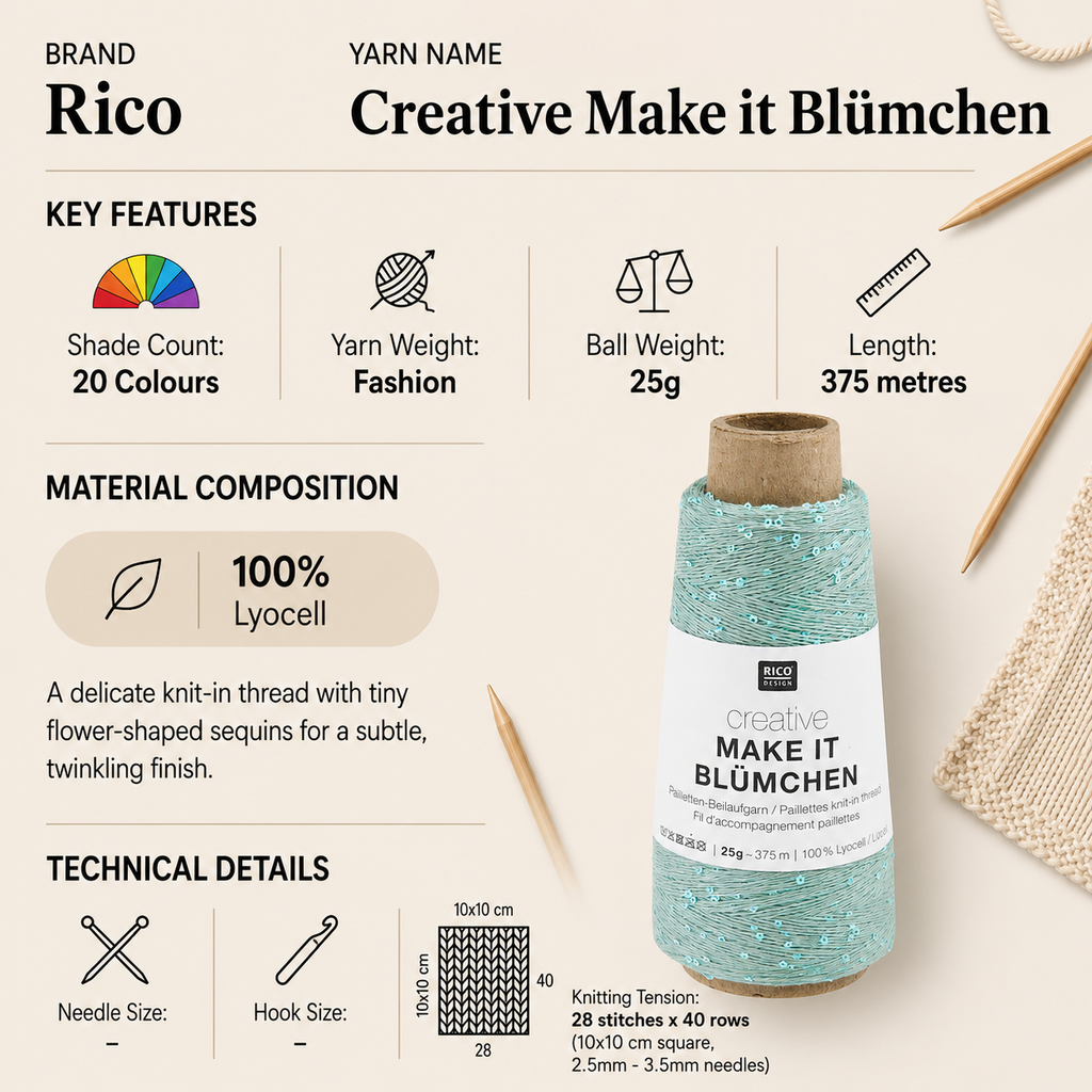 Rico Creative Make It Blumchen Fashion Yarn - 25G, Luxury 100% Lyocell Pastel Shades Knit-In Flower Sequin Crochet Knitting Thread Yarn for Sweaters, Shawls & Wraps