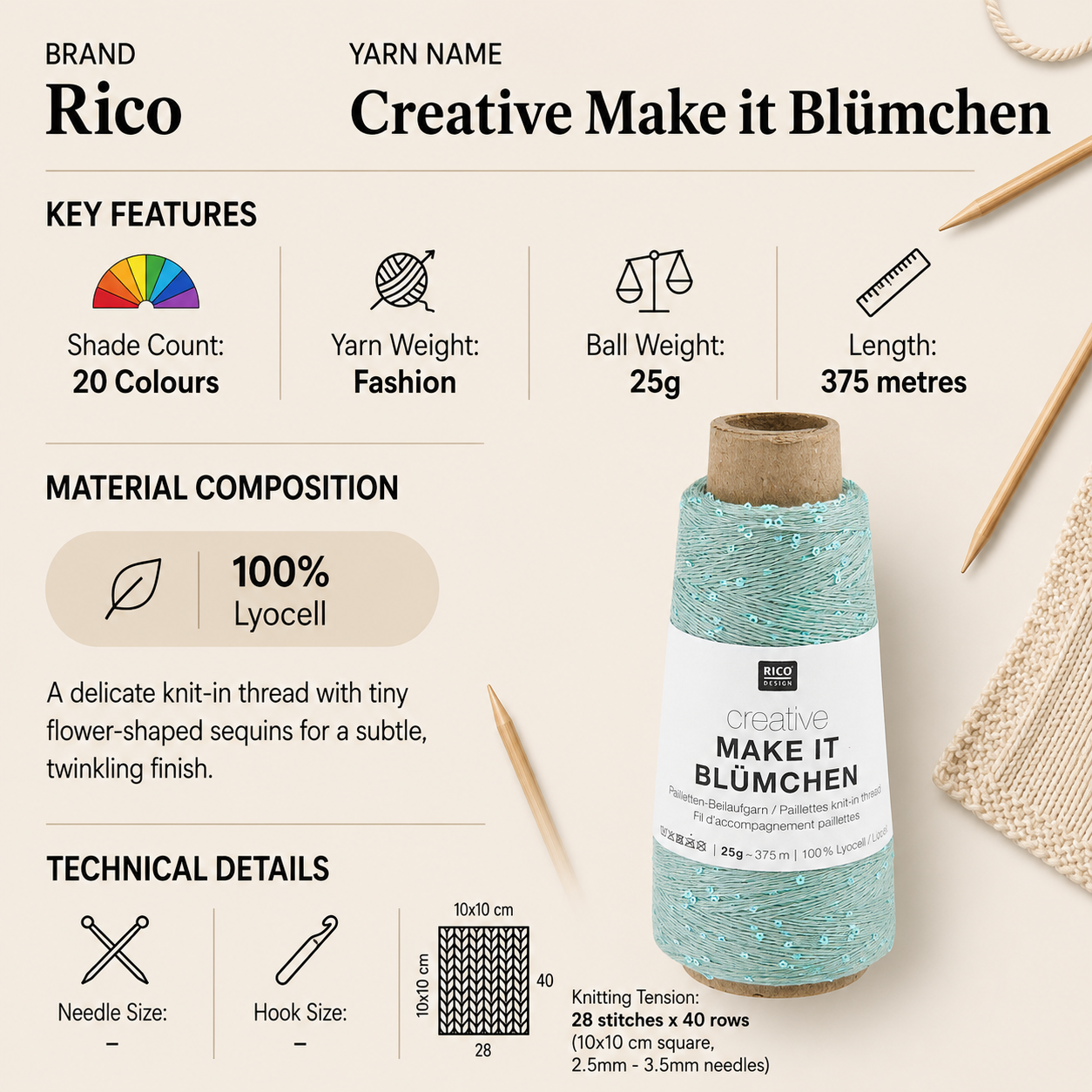 Rico Creative Make It Blumchen Fashion Yarn - 25G, Luxury 100% Lyocell Pastel Shades Knit-In Flower Sequin Crochet Knitting Thread Yarn for Sweaters, Shawls & Wraps