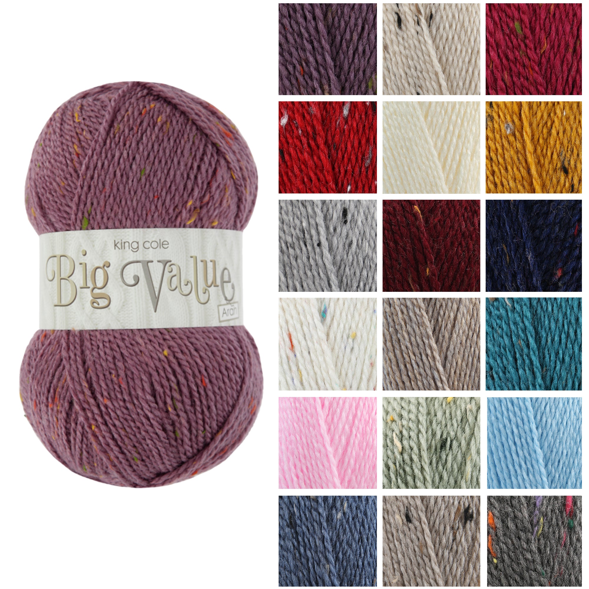 King Cole Big Value Aran Yarn 100% Acrylic, Soft Machine Washable Aran Weight Knitting & Crochet Yarn, 212m Value Stash Filler - 100g