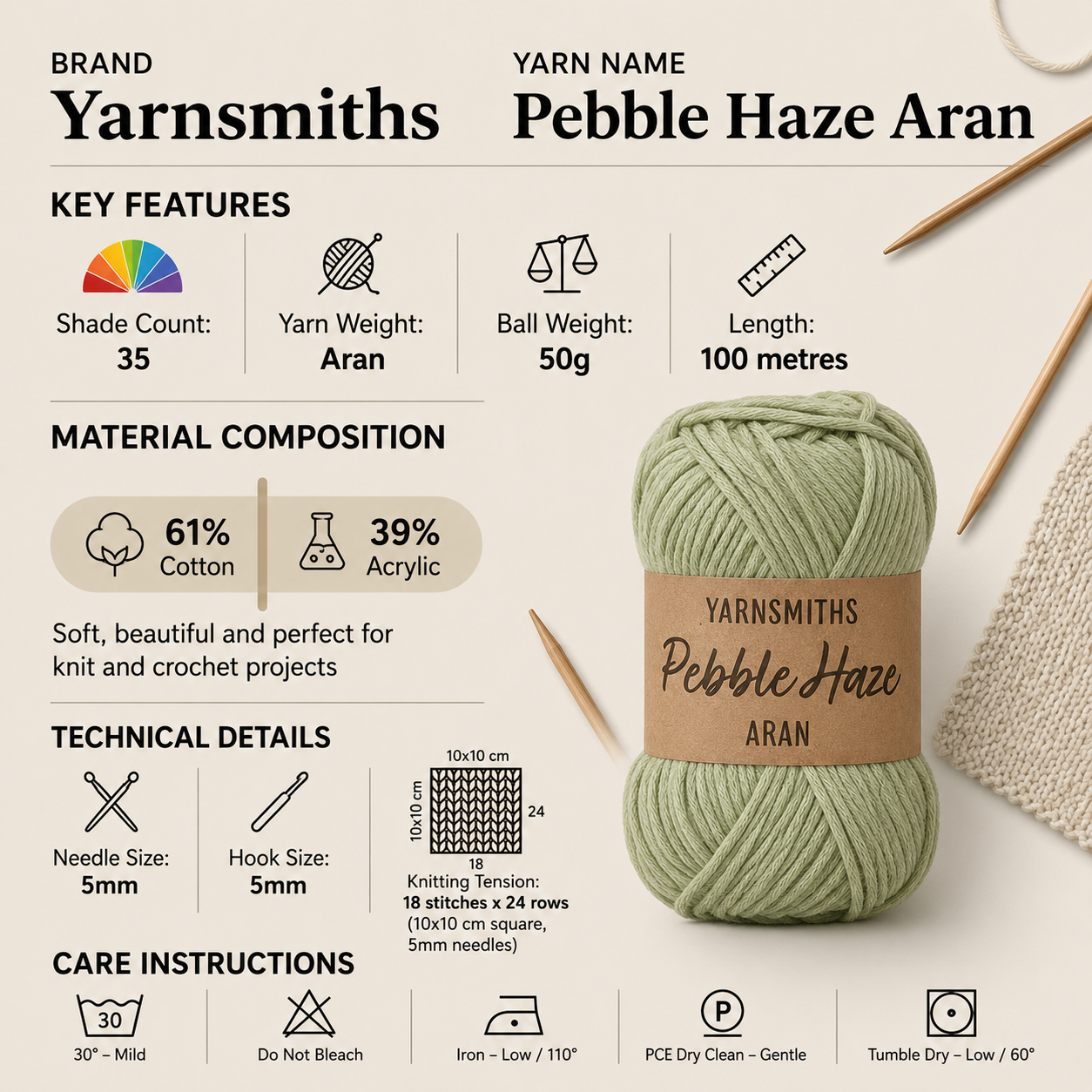 Yarnsmiths Pebble Haze Aran Yarn - 50g, Cotton Acrylic Blend Medium-Weight Stonewashed Soft Crochet & Knitting Blown Yarn for Jumpers, Cardigans & Homewar