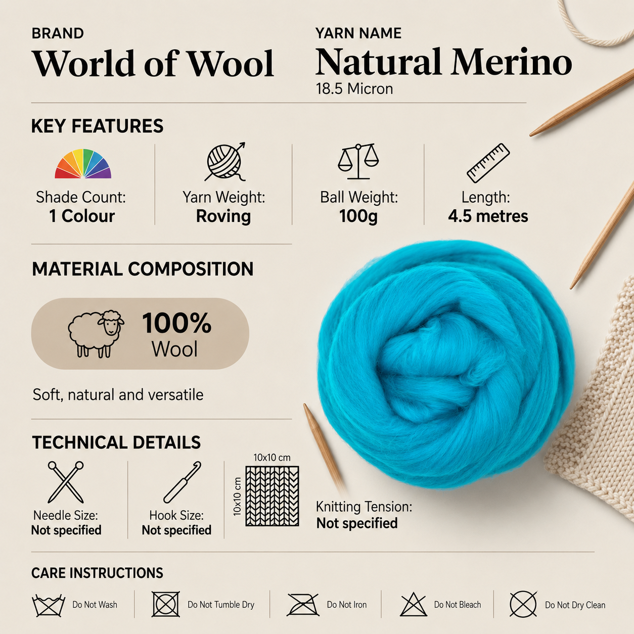 World of Wool Natural Merino Wool 18.5 Micron Roving Yarn - 100g, Luxury 100% Wool Combed Top Undyed Plush Hand Spinning Felting Wool Yarn for Props & Blankets