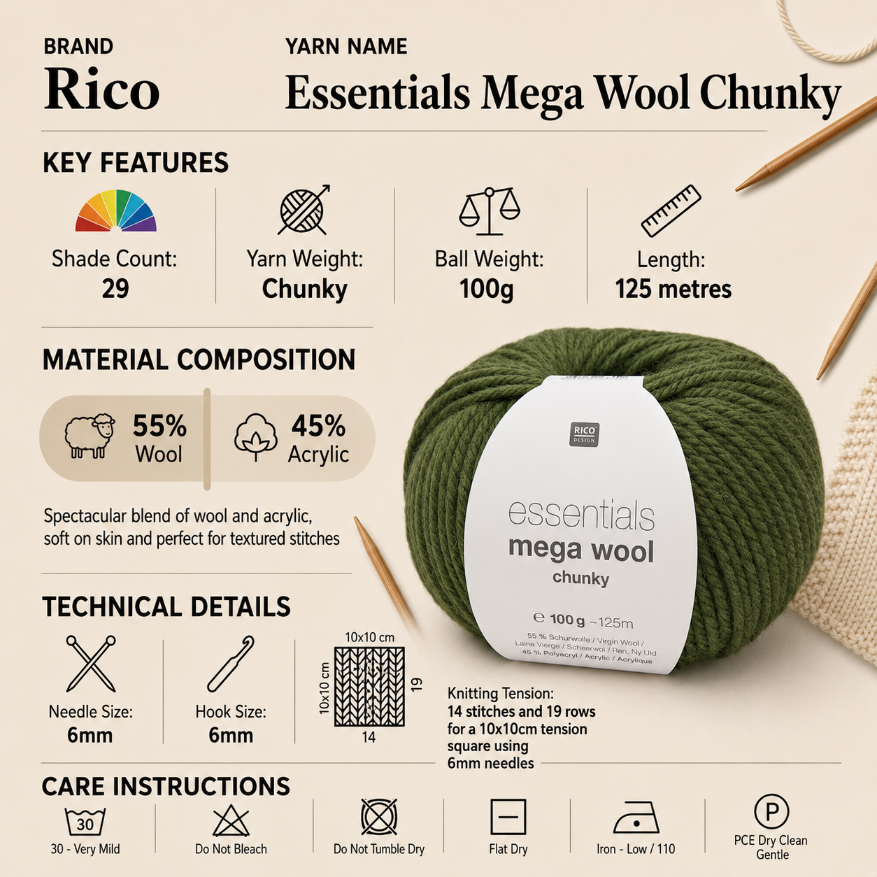 Rico Essentials Mega Wool Chunky Yarn - 100G, Luxury Wool Acrylic Blend Twisted Cable Knit Bulky Crochet & Knitting Wool Yarn for Cardigans, Jumpers & Sweaters