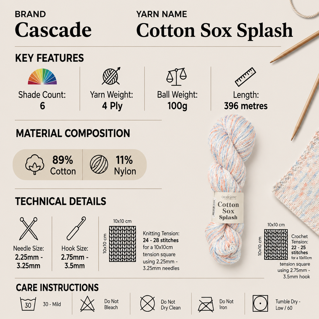 Cascade Cotton Sox Splash 4 Ply Yarn - 100g, Cotton Nylon Blend Breathable Variegated Soft Crochet & Knitting Wool for Baby Knits, Garments & Accessories