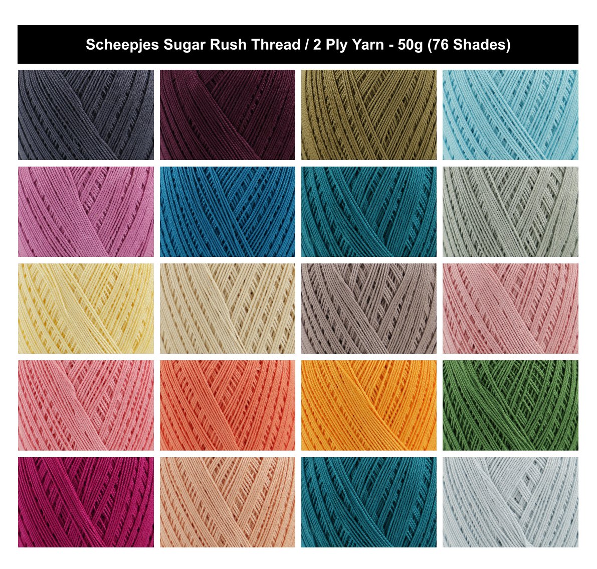 Scheepjes Sugar Rush 2 Ply Crochet Yarn - 50g, 100% Mercerised Cotton Thread Lace Weight Yarn for Mesh Bags, Garment Projects & Doilies