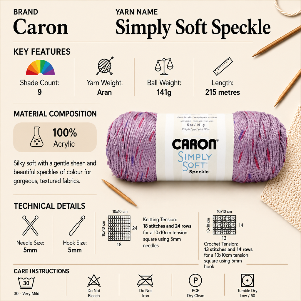 Caron Simply Soft Speckle Aran Yarn - 141g, Soft 100% Acrylic Speckled Knitting & Crochet Yarn, Ideal for Sweaters, Blankets & Home Projects