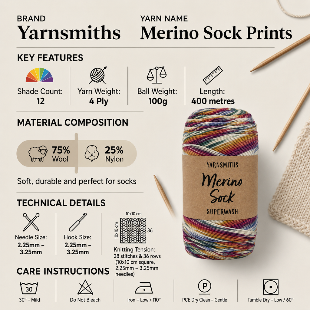 Yarnsmiths Merino Sock Prints 4Ply Yarn - 100g, Luxury Merino Wool Nylon Mix Self-Striping Vibrant Colour Crochet Knitting Sock Yarn for Socks & Baby Garments
