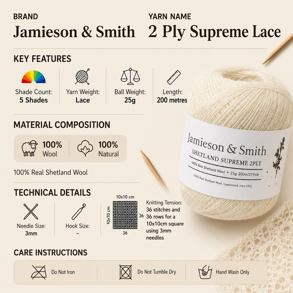 Jamieson & Smith 2 Ply Supreme Lace Yarn - 25g, 100% Shetland Wool, Ultra Fine Knitting Yarn, Undyed Pure Wool Yarn for Lace Shawls, Wraps, Heirloom Knitting