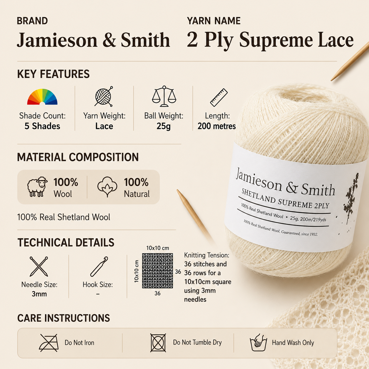 Jamieson & Smith 2 Ply Supreme Lace Yarn - 25g, 100% Shetland Wool, Ultra Fine Knitting Yarn, Undyed Pure Wool Yarn for Lace Shawls, Wraps, Heirloom Knitting