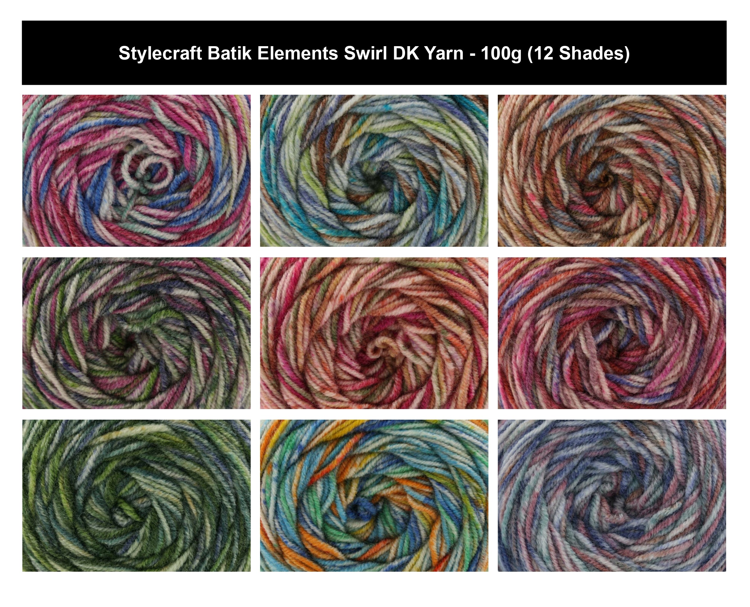 Stylecraft Batik Elements Swirl Crochet DK Yarn - 100g, Soft Wool Acrylic Blend Colour Gradient Double Knitting Wool Cake for Cardigans, Jumpers, Sweaters, Tops, Jackets, Vests & Slipovers