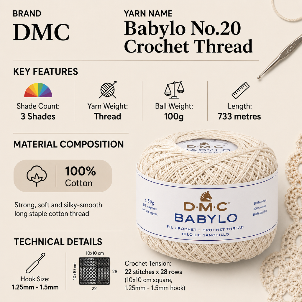 DMC Babylo No.20 Crochet Thread Yarn - 100g, 100% Mercerised Knitting Cotton Thread – Silky Smooth Yarn for Lace, Doilies & Fine Needlework