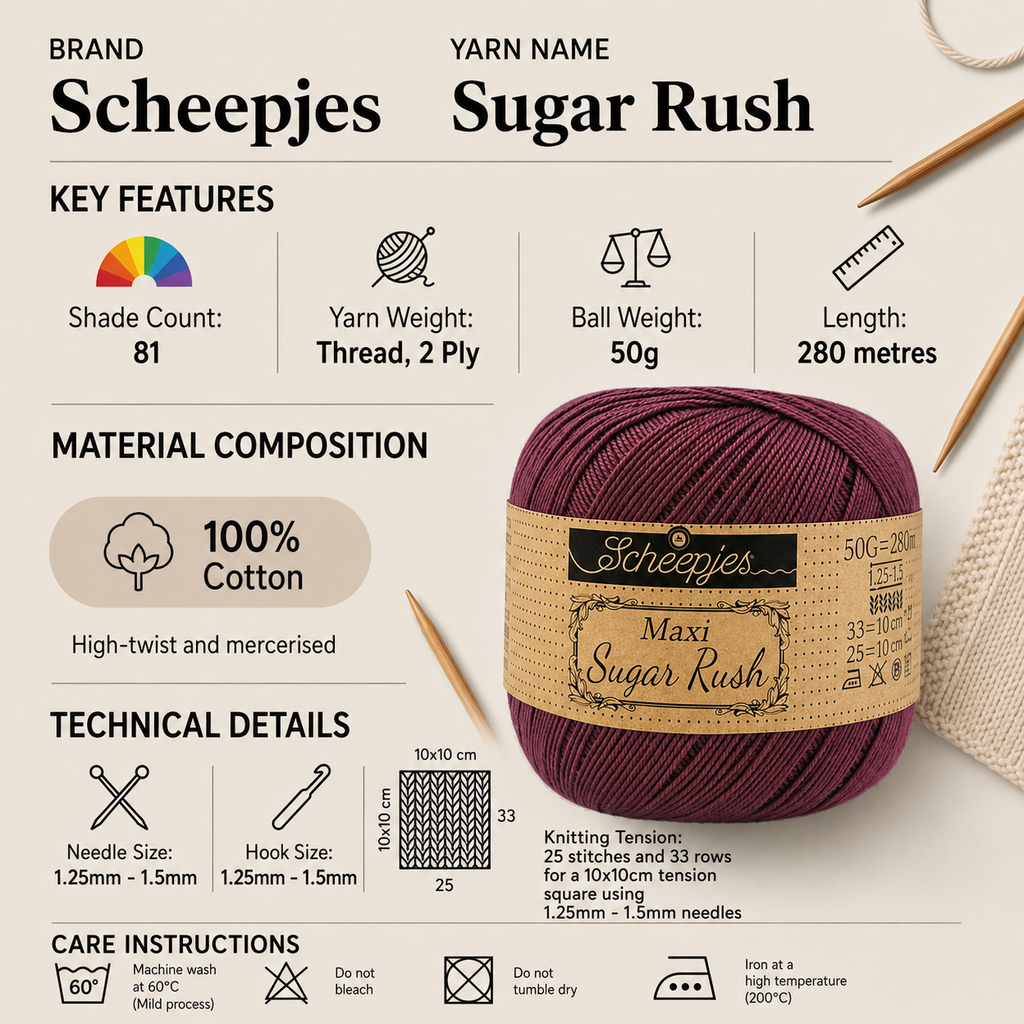Scheepjes Sugar Rush 2 Ply Crochet Yarn - 50g, 100% Mercerised Cotton Thread Lace Weight Yarn for Mesh Bags, Garment Projects & Doilies