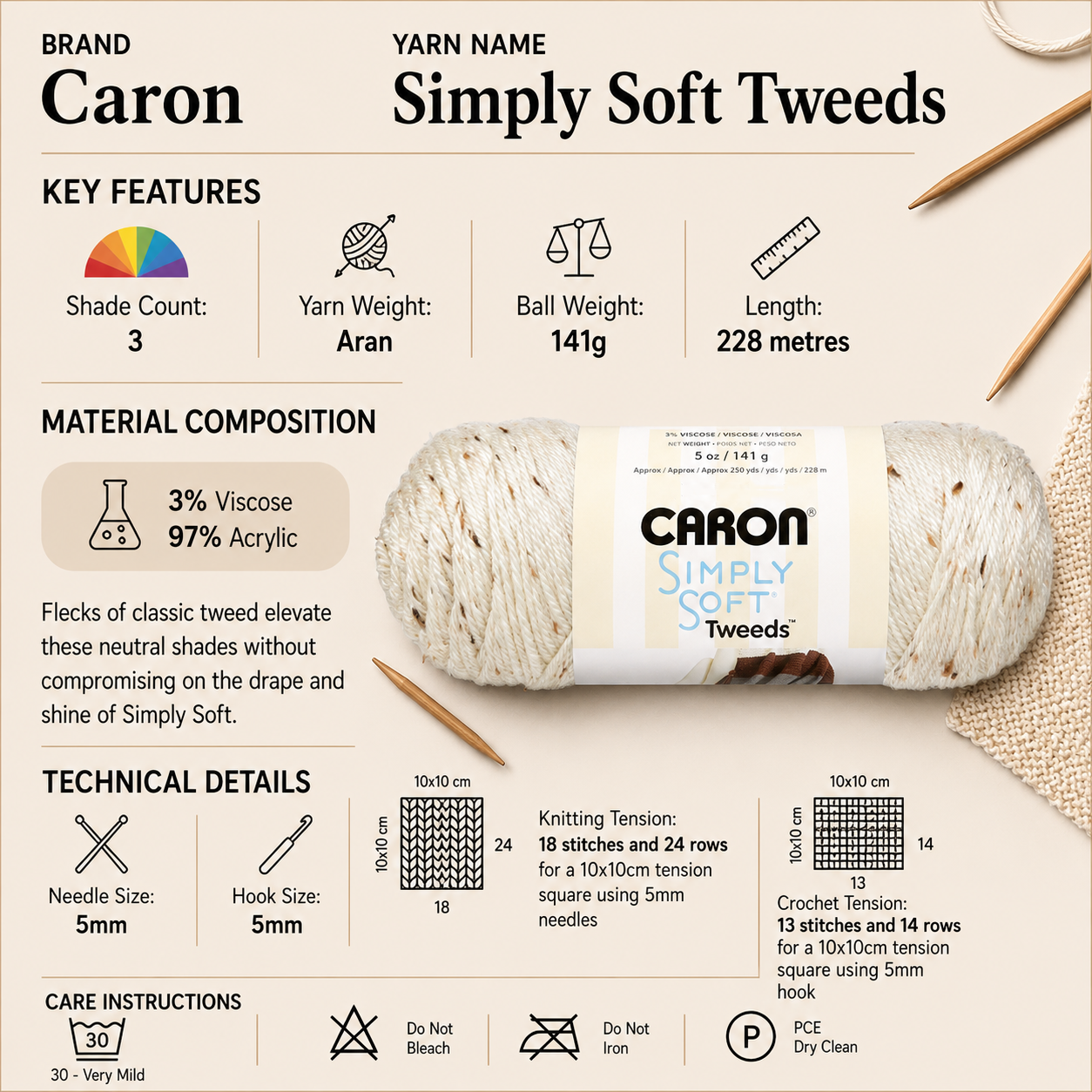 Caron Simply Soft Tweeds Aran Yarn - 141g, Acrylic Viscose Blend Blankets & Sweaters, Tweed Effect