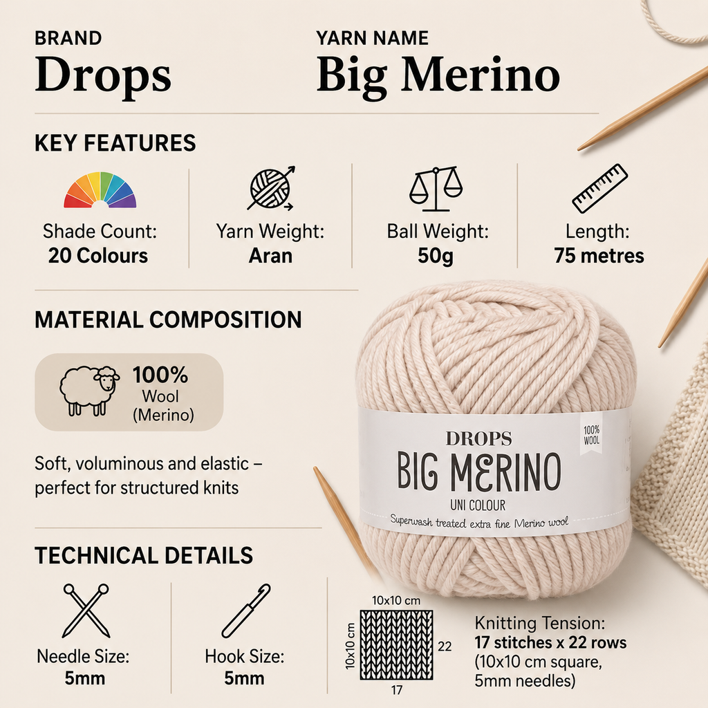 Drops Big Merino Aran Crochet Yarn - 50g, Luxury 100% Merino Wool Soft Texture Cable Knitting Yarn for Garments, Accessories & Structured Patterns