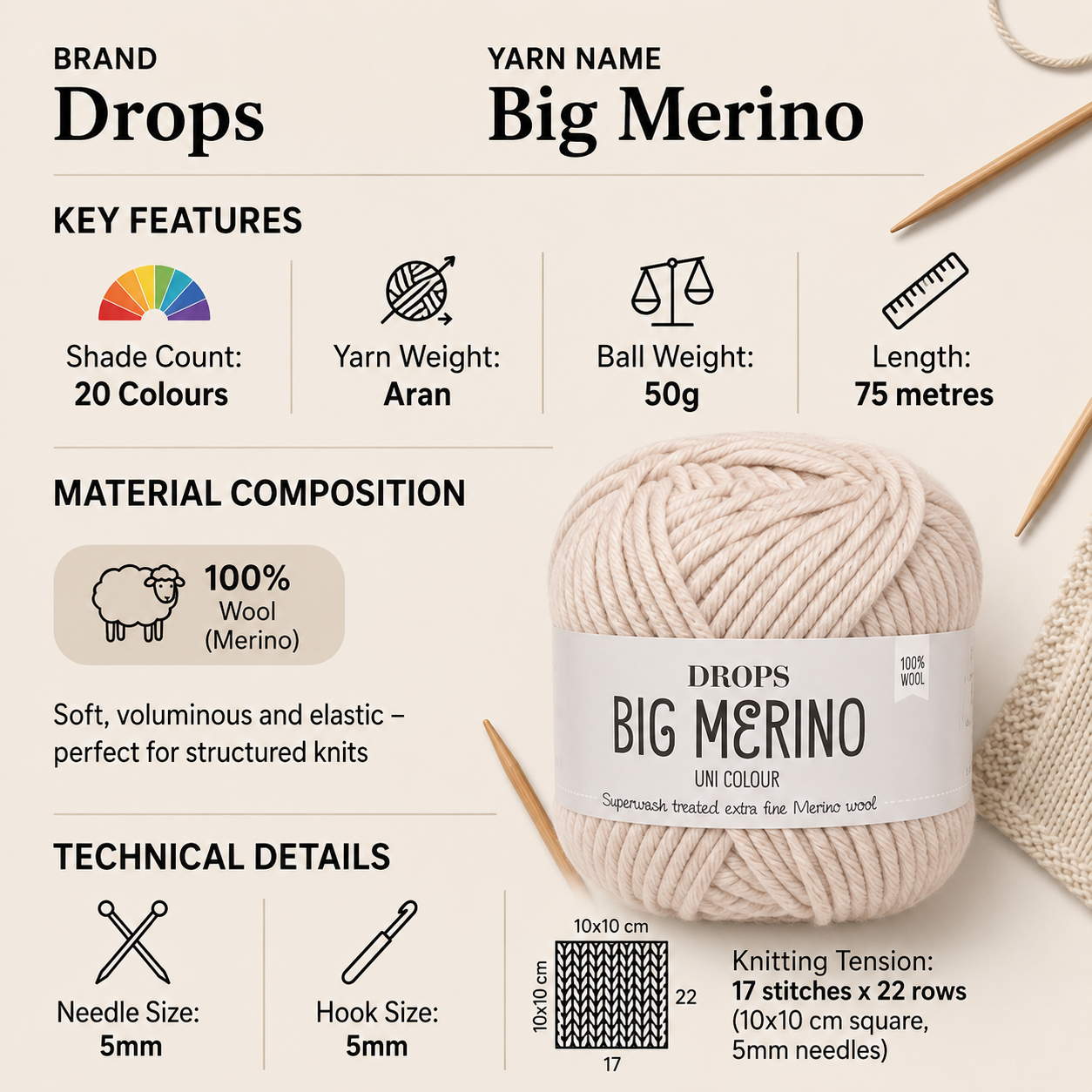 Drops Big Merino Aran Crochet Yarn - 50g, Luxury 100% Merino Wool Soft Texture Cable Knitting Yarn for Garments, Accessories & Structured Patterns