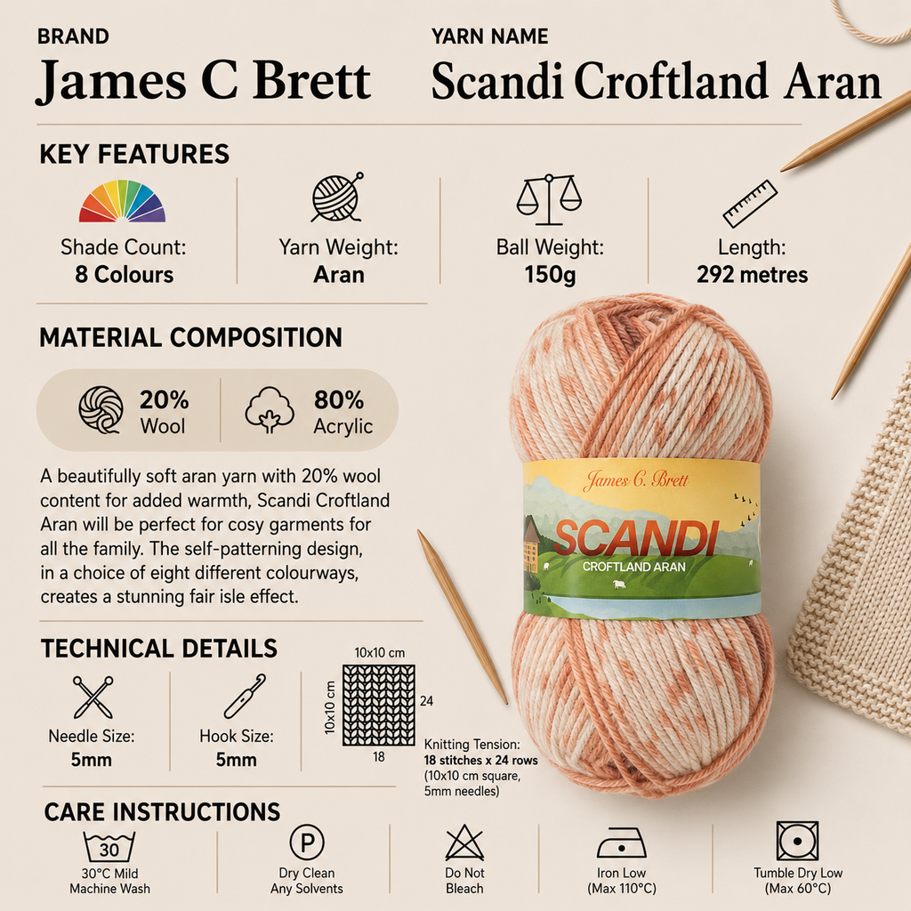 James C Brett Scandi Croftland Yarn - 150g, Self Patterning Acrylic Wool Blend Aran Weight Yarn for Crochet & Knitting - Cosy Sweaters, Jumpers, Cardigans & Blankets