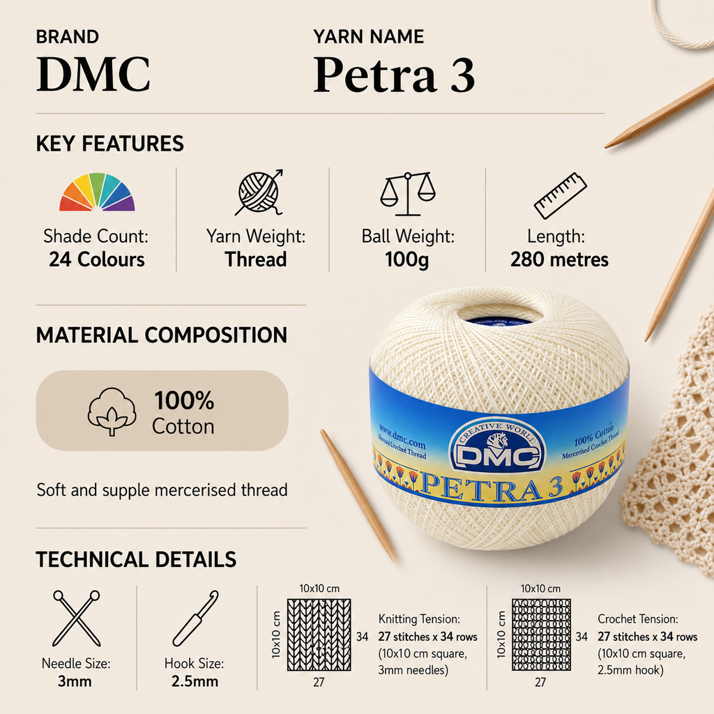 DMC Petra 3 Thread Yarn for Crochet - 100g, Soft Mercerised 100% Cotton Knitting Yarn for Clothes, Babywear & Decorative