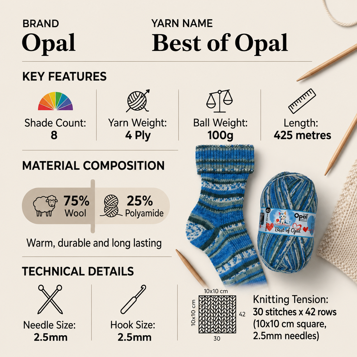 Opal 4 Ply Sock Crochet Yarn - 100g, Wool Polyamide Blend Luxury Self-Striping Knitting Wool Sock Yarn for Garments & Accessories