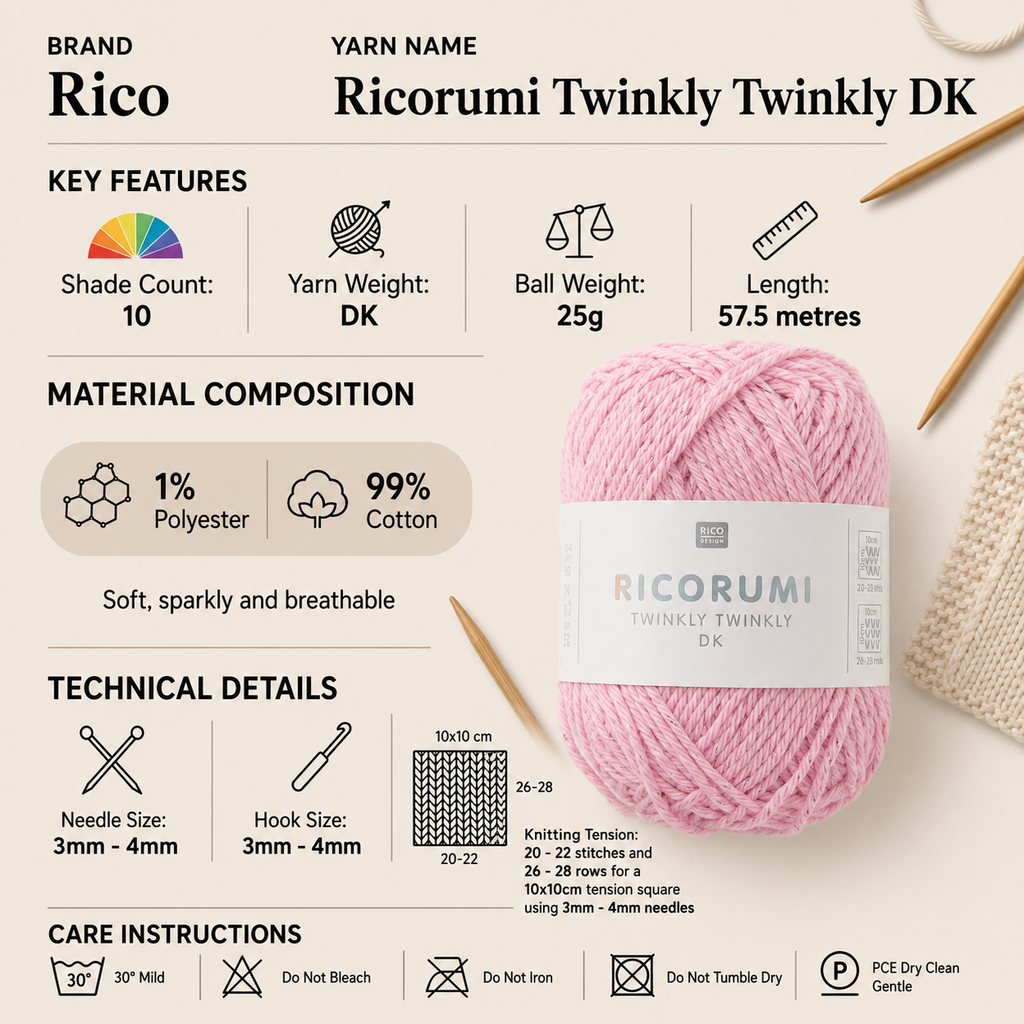 Rico Ricorumi Twinkly Twinkly DK Yarn - 25G, Polyester Cotton Blend Sparkle Amigurumi Crochet Double Knitting Yarn for Toys, Ornaments & Granny Squares