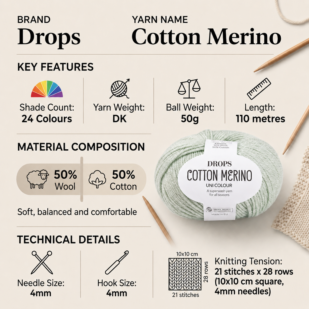 Drops Cotton Merino DK Crochet Yarn - 50g, Luxury Merino Wool & Cotton Blend Soft Breathable Elastic Double Knitting Wool for Garments & Accessories