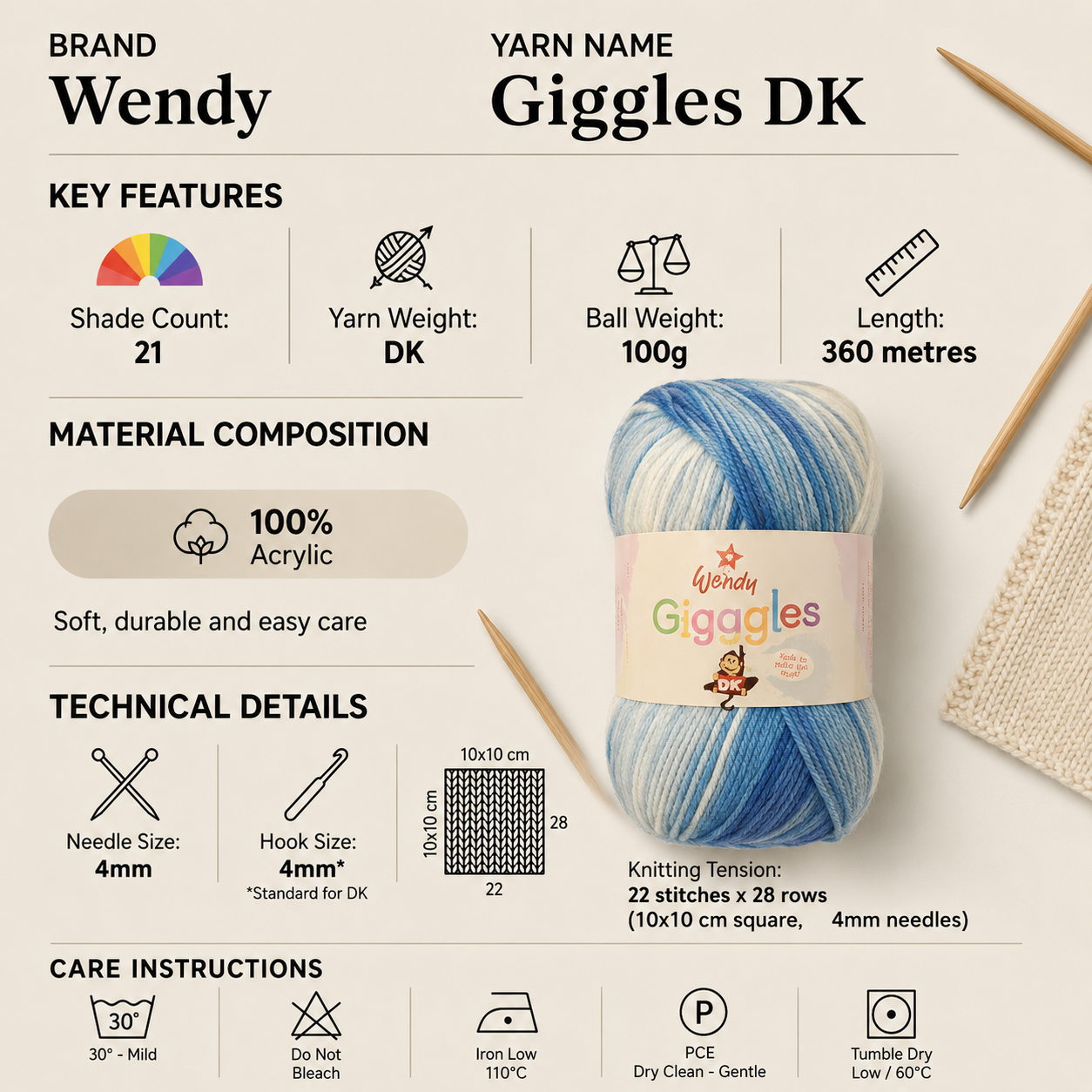 Wendy Giggles DK Yarn for Crochet - 100g, Luxury 100% Acrylic Self-Striping Vibrant Colour Soft Double Knitting Wool for Cozy Jumpers, Sweaters & Blankets