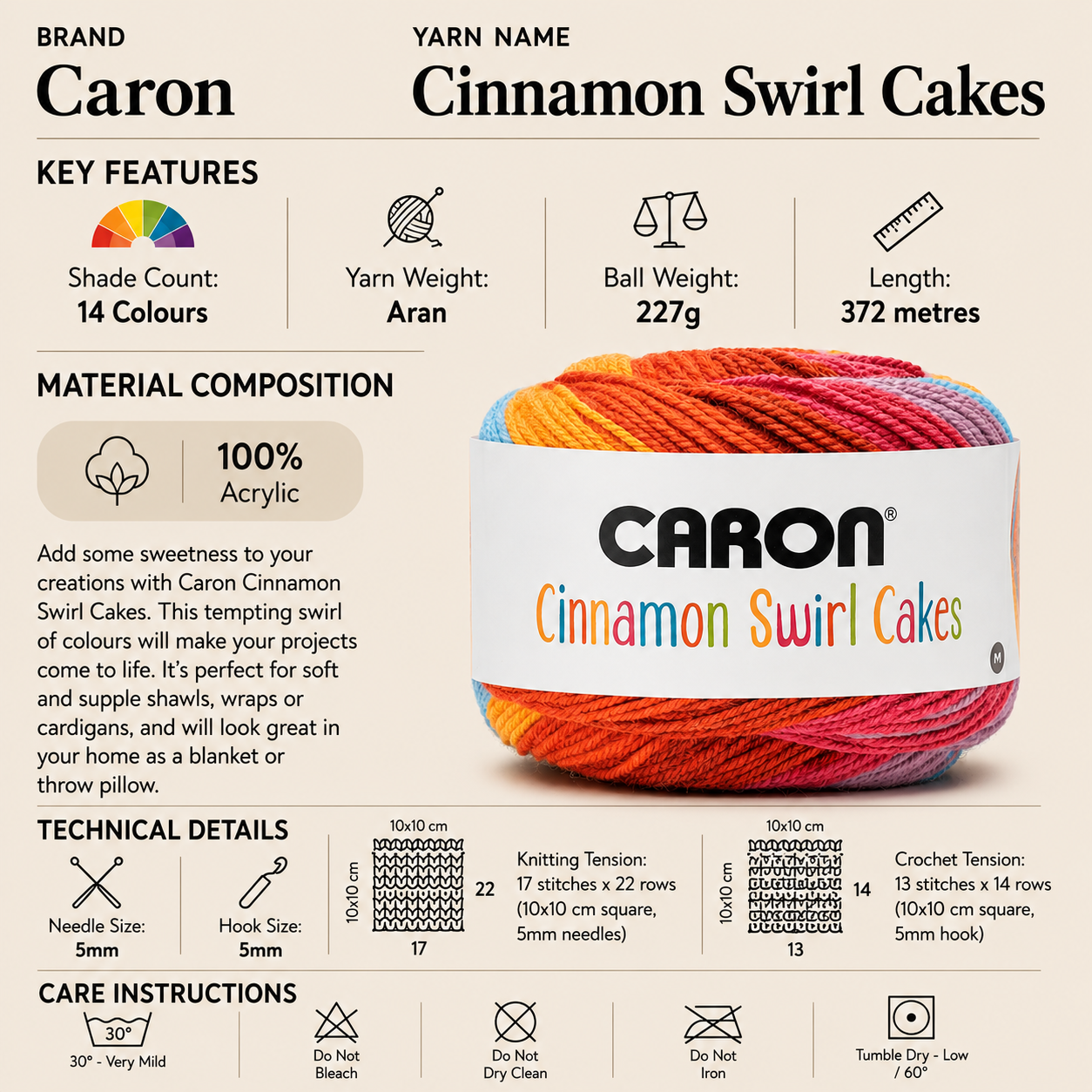 Caron Cinnamon Swirl Cakes Aran Yarn - 227g, 100% Acrylic Self-Striping Gradient Crochet Knitting Yarn for Shawls, Wraps, Cardigans, Blanket & Pillow