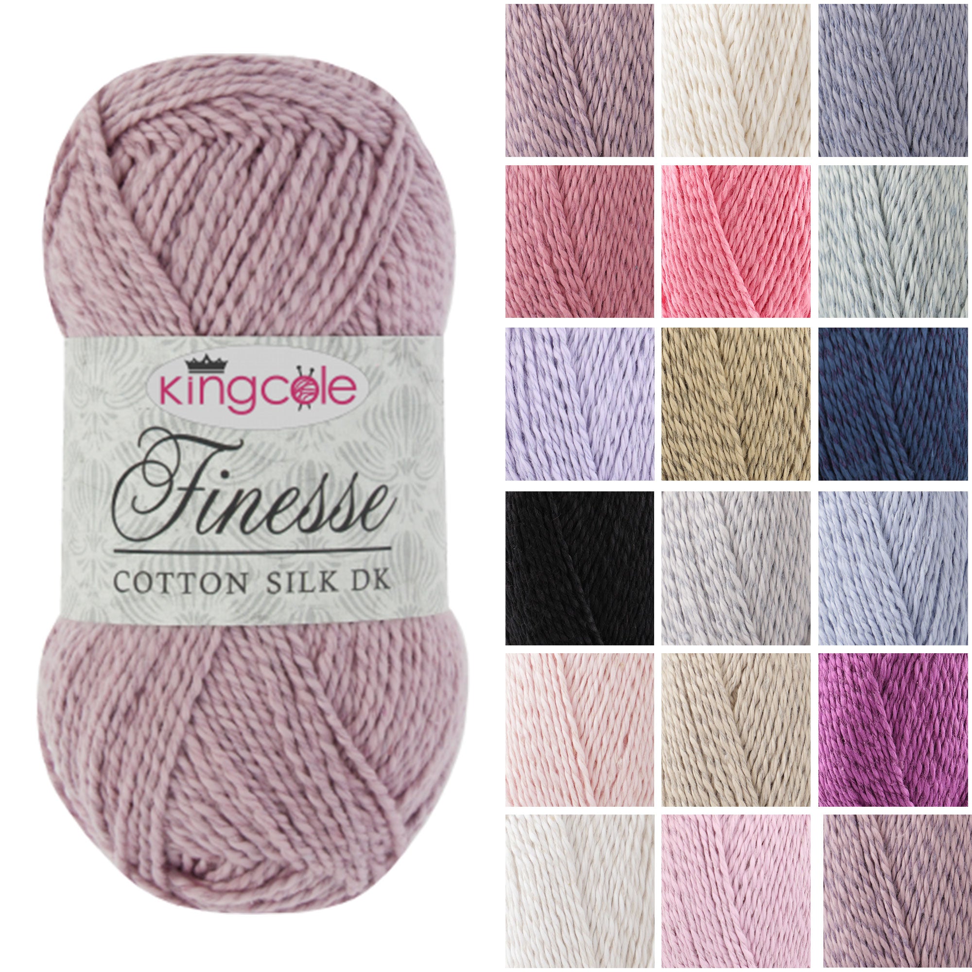 King Cole Finesse Cotton Silk DK Yarn 77% Cotton & 23% Silk, Soft Breathable Double Knit Yarn 120m for Knitting & Crochet - 50g