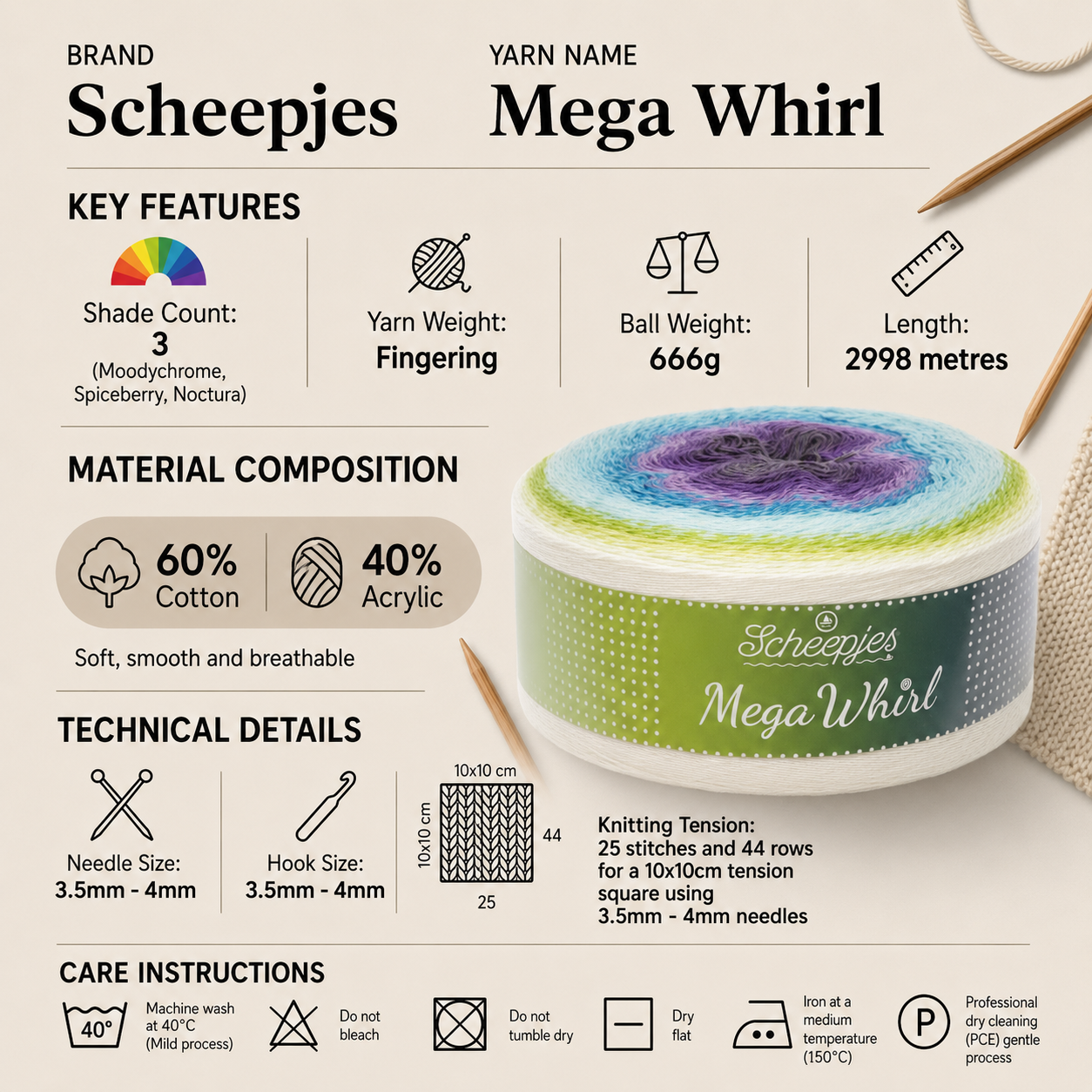 Scheepjes Mega Whirl Fingering Crochet Yarn - 666g, Cotton Acrylic Blend Gradient Knitting Wool Yarn Cake for Blankets, Tunics & Summer Projects
