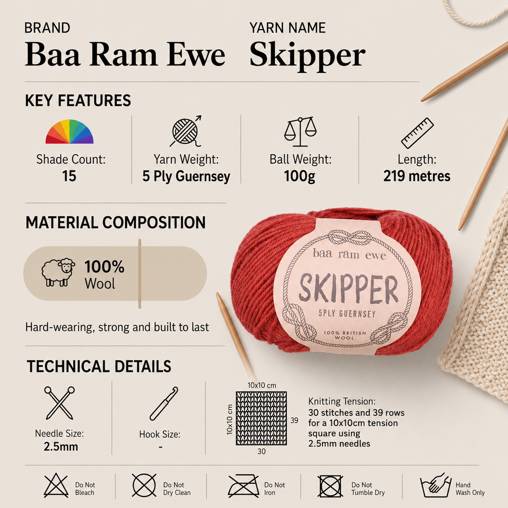 Baa Ram Ewe Skipper 5 Ply Crochet Yarn - 100g, 100% Pure British Wool Guernsey Knitting Wool Yarn for Sweaters, Cardigans & Hard-Wearing Garments