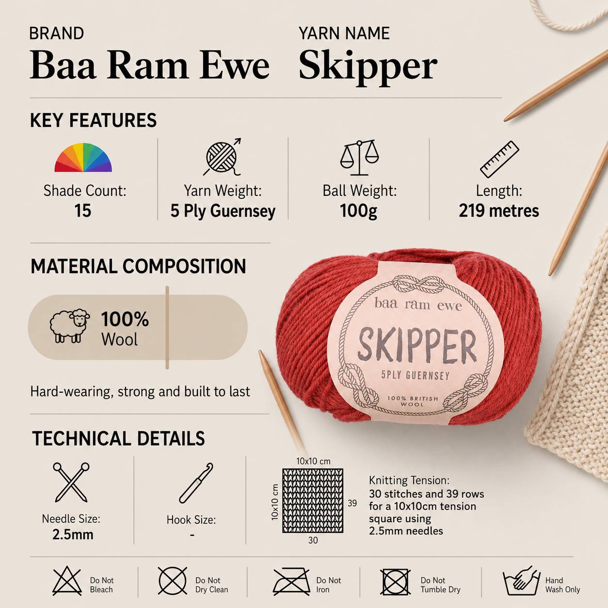 Baa Ram Ewe Skipper 5 Ply Crochet Yarn - 100g, 100% Pure British Wool Guernsey Knitting Wool Yarn for Sweaters, Cardigans & Hard-Wearing Garments