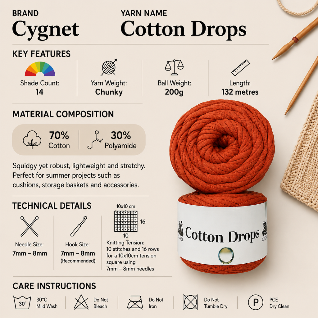 Cygnet Cotton Drops Chunky Yarn - 200g, Cotton Blend Lightweight, Stretchy Crochet & Knitting Tubular Yarn for Cushions, Storage Baskets & Summer Accessories