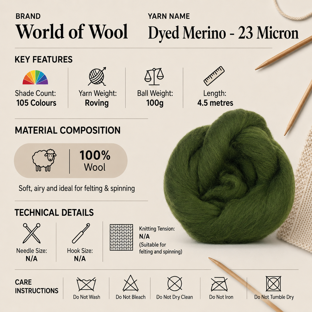 World of Wool Dyed Merino 23 Micron Roving Yarn - 100g, Luxury 100% Merino Dyed Roving Unspun Combed Hand Spinning & Felting Wool Yarn for Crafting, Bowls & Hats