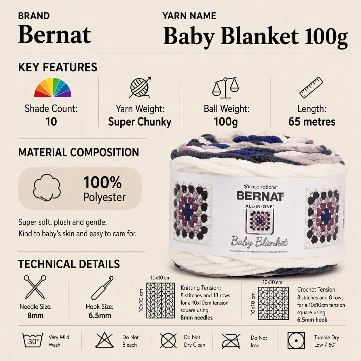 Bernat Baby Blanket Super Chunky Yarn - 100G, Luxury 100% Polyester Soft Chenille Style Plush Texture Crochet Knitting Wool for Baby Blanket & Garments