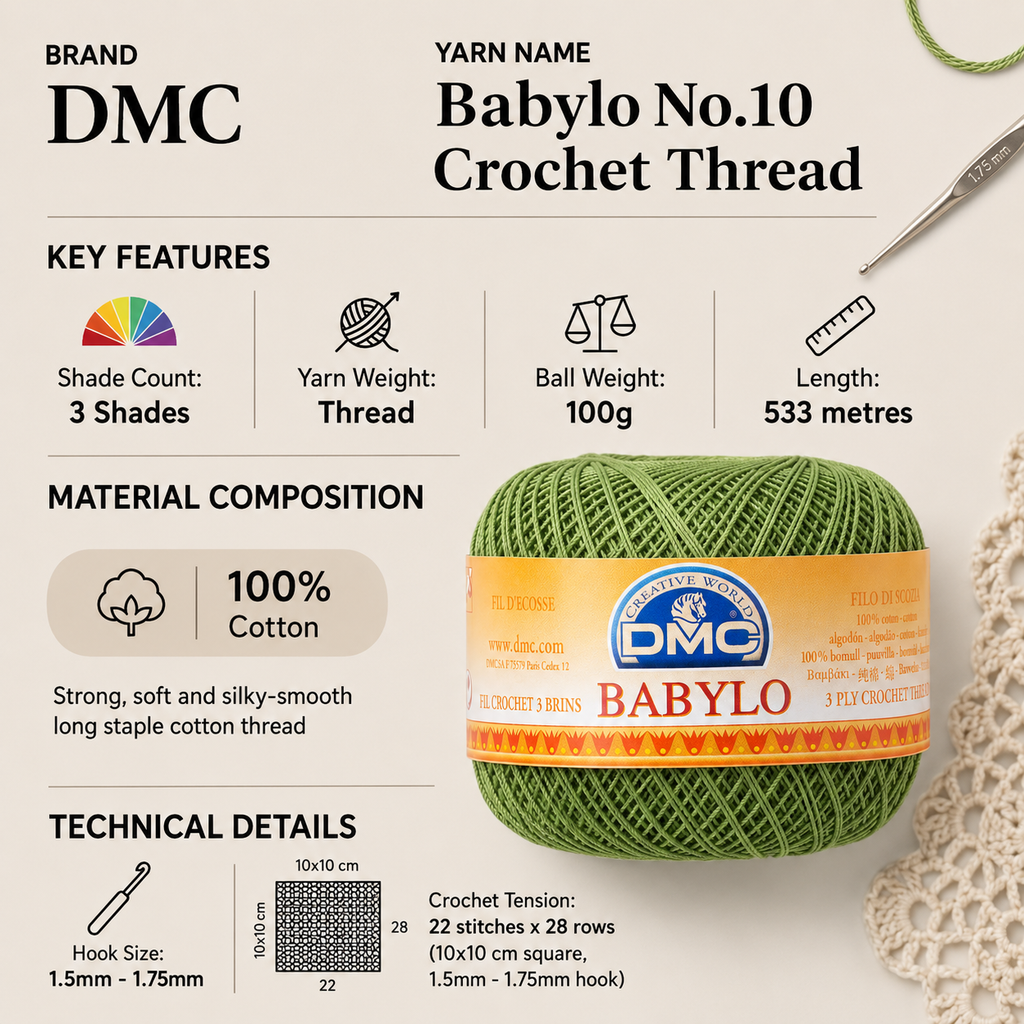 DMC Babylo No.10 Crochet Thread Yarn - 100g, 100% Mercerised Long Staple Cotton Thread for Lace, Cushions & Decorative Work