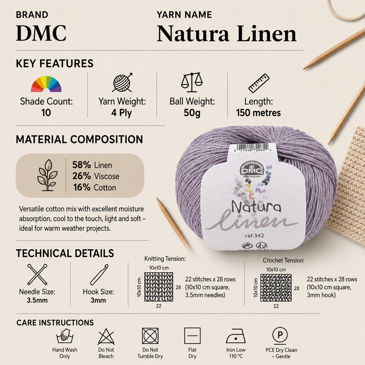 DMC Natura Linen 4 Ply Crochet Yarn - 50g, Lightweight Linen Cotton Blend Knitting Yarn for Summer Garments, Tops & Accessories