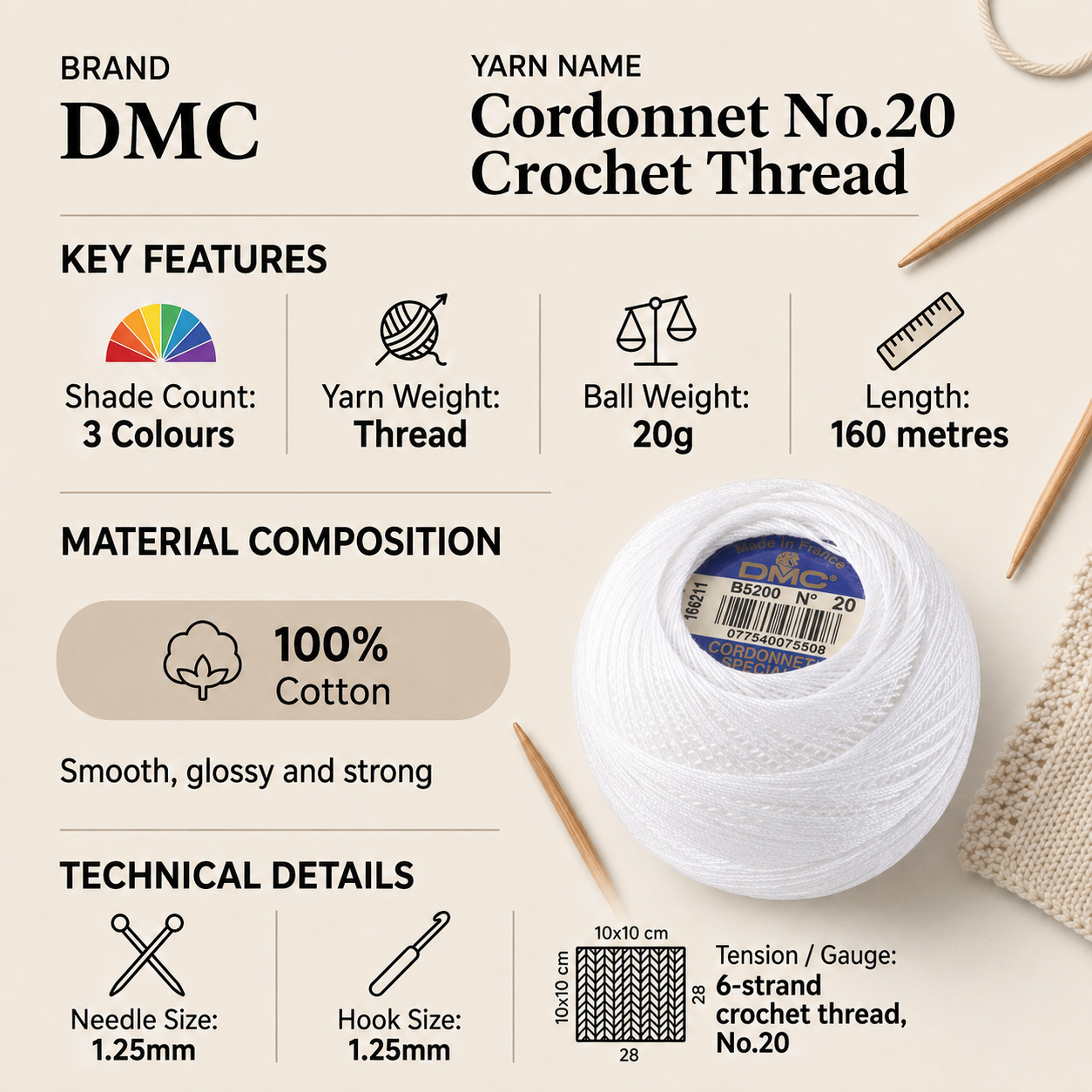 DMC Cordonnet No.20 Crochet Thread Yarn - 20g, 100% Double Mercerised Cotton, 6-Ply High-Gloss Strong Knitting Thread for Lacework, Doilies & Crafts